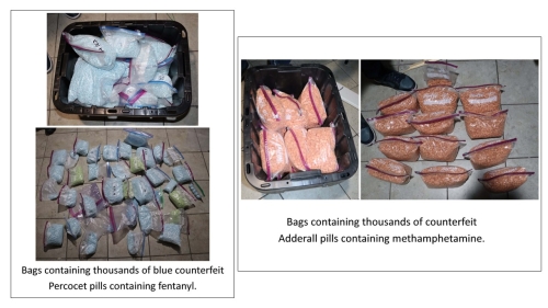 Bags containing thousands of blue counterfeit percocet pills containing fentanyl. Bags containing thousands of counterfeit adderall pills containing methamphetamine. 