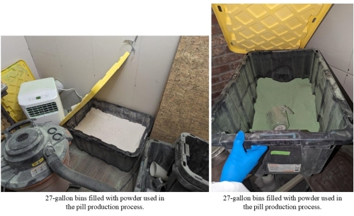 27-gallon bins filled with powder used in pill production process.