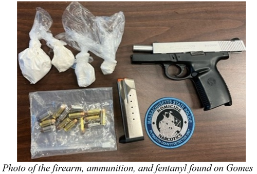 Photo of the firearm, ammunition, and fentanyl found on Gomes