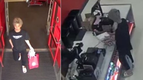 Man walking out of target with bags and man making a return at a counter
