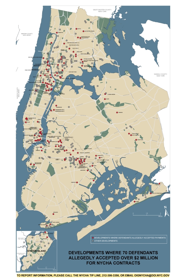 Map of New York City showing the developments affected by the charged conduct