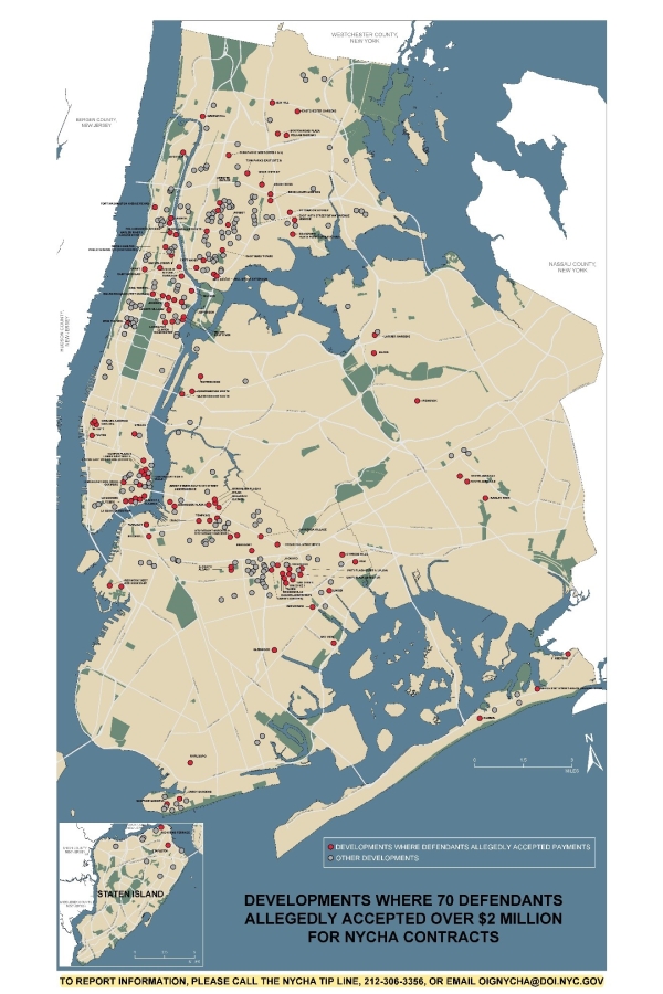 NYCHA map listing locations where defendants allegedly accepted payments