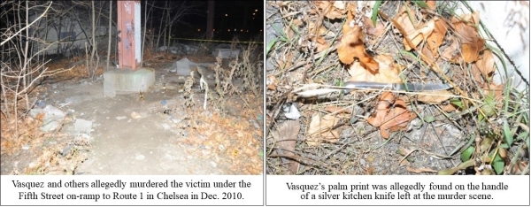Pic 1: Vasquez and others allegedly murdered the victim under the Fifth Street on-ramp to Route 1 in Chelsea in Dec. 2010. Pic 2: Vasquez's palm print was allegedly found on the handle of a silver kitchen knife left at the murder scene.