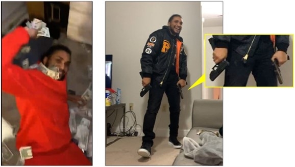 Picture 1: Man in red holding money Picture 2: Man in black jacket holding gun