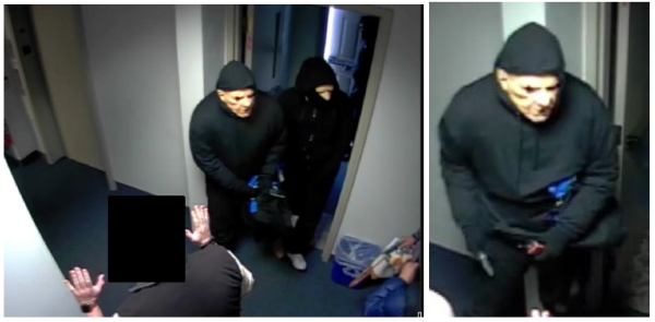 Still images of surveillance footage showing defendants wearing rubber masks holding bank employees at gunpoint