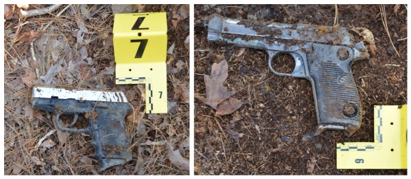 Two images of firearms on forest floor