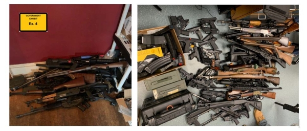 Two photos of piles of guns on the floor