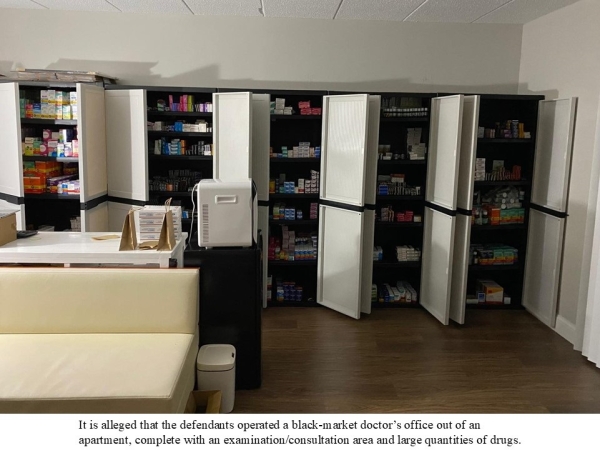 It is alleged that the defendants operated a black-market doctor’s office out of an apartment, complete with an examination/consultation area and large quantities of drugs.