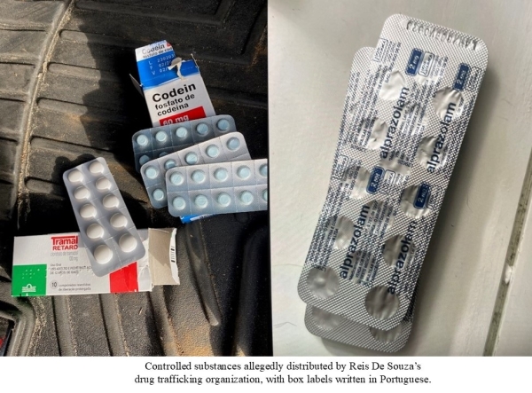 Controlled substances allegedly distributed by Reis De Souza’s drug trafficking organization, with box labels written in Portuguese.