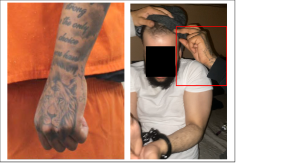 Photo of hand tattoo, and photo of man in handcuffs and a hand with a tattoo