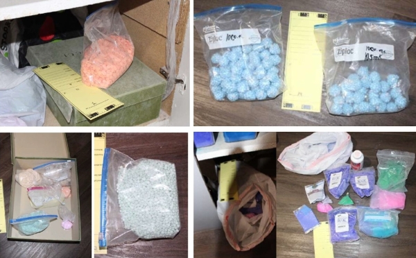 Bags containing blue and orange pills