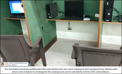 The defendants allegedly outfitted facilities with stations for call center employees and equipped these stations with phone and computer technology for the employees to use to call elderly victims in the United States