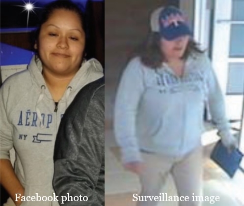 Maldonado sweatshirt side-by-side At left, a faccebook photo shows a woman posing in a gray sweatshirt hoodie; at right, a surveillance photo shows an alleged bank robber wearing the same hoodie.