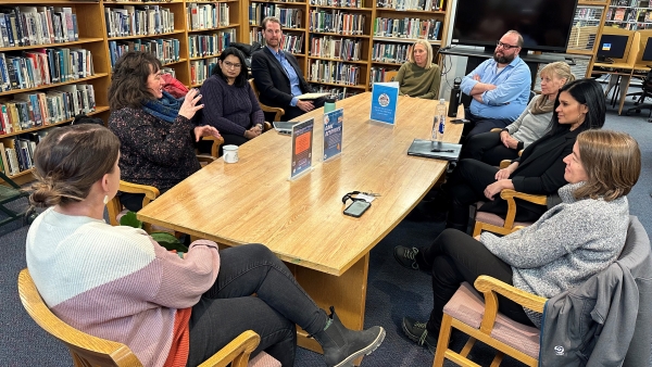 Director Rossi and the group meet with Kuskokwim Consortium Library Director, Theresa Quiner at the Yup’ik Museum, Library and Multipurpose Center in Bethel, AK. Pictured left to right, Alaska Legal Services Corporation Justice for All Coordinator Sarah Carver, Kuskokwim Consortium Library Director, Theresa Quiner, National Legal Aid & Defender Association Vice President of Civil Programs Radhika Singh, Office for Access to Justice Senior Counsel Charlie Gillig Director, Community Justice Worker Disaster Re