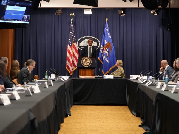 DAAG Manish Kumar delivers closing remarks at the Justice Department’s PCSF Summit.