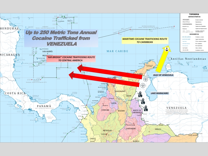 Map showing up to 250 Metric Tons Annual Cocaine Trafficked from Venezuala via "Air Bridge" cocaine trafficking route to Central America and a Maritime Cocaine Trafficking Route to Caribbean