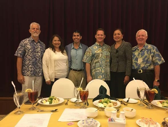 Picture of Guam Chamber of Commerce (Chamber) Member Jeff Jones, Chamber President Catherine Castro, Trainer Michael G. Santos, Lt. Gov. of Guam Raymond Tenorio, U.S. Attorney Alicia Limtiaco, Chamber Member Monty McDowell