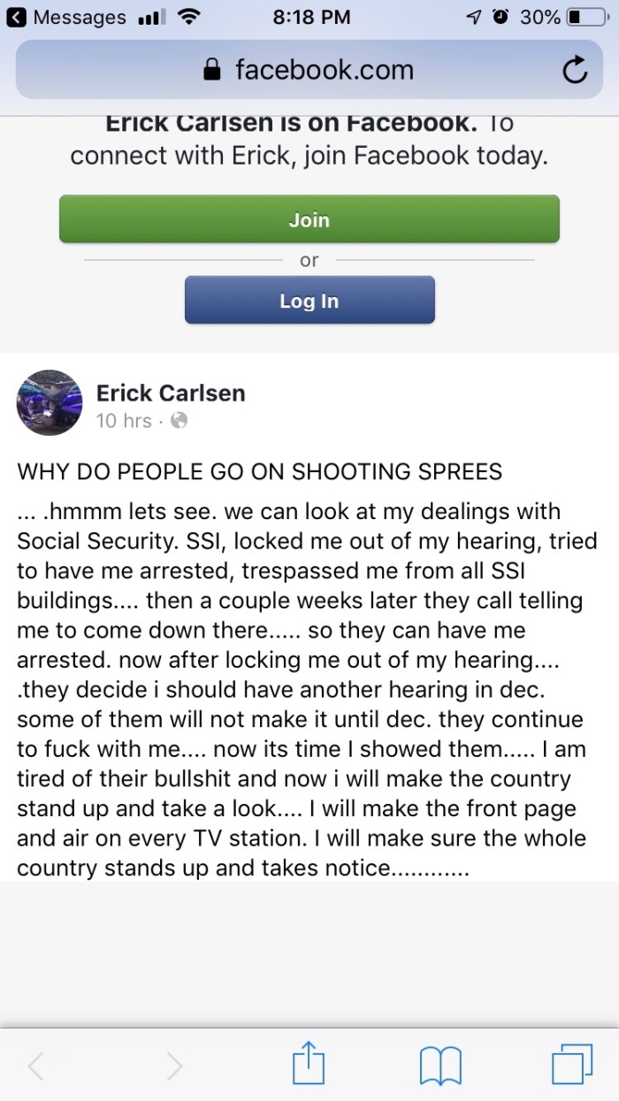 Screenshot of a Facebook post threatening to attack the Social Security Administration Screenshot of a Facebook post threatening to attack the Social Security Administration