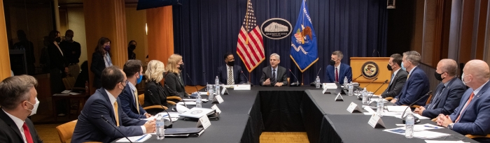 Attorney General Merrick B. Garland meets with JTF members and leaders in the field to discuss human smuggling and trafficking networks. AG Garland sits down with U.S. Attorneys and others for meeting on transnational organized crime