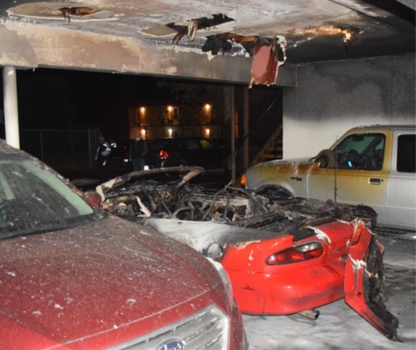 Burned car and damaged ceiling
