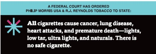 Image of corrective statement signs saying smoking kills, on average, 1,200 Americans. Every day.