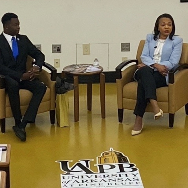 Assistant Attorney General Clarke speaking at fireside chat at University of Arkansas Pine Bluff. Assistant Attorney General Clarke speaking at fireside chat at University of Arkansas Pine Bluff.