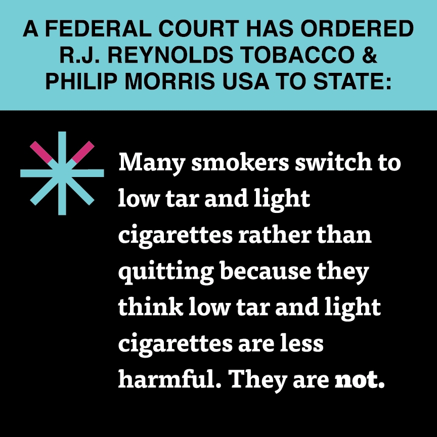 A two color, square sign, aqua above and black below, with a distinctive asterisk symbol on the left side, in which two of lines look like cigarettes. Black text in the aqua portion reads “A Federal court has ordered R.J. Reynolds Tobacco & Philip Morris USA to state:” and white text in the black portion reads: “Many smokers switch to low tar and light cigarettes rather than quitting because they think low tar and light cigarettes are less harmful. They are not.”