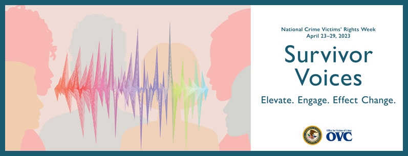 A graphic with faces looking at each other on either side with sound waves in between the faces. Text: National Crime Victims' Rights Week 2023. Survivor Voices. Elevate. Engage. Effect Change. 