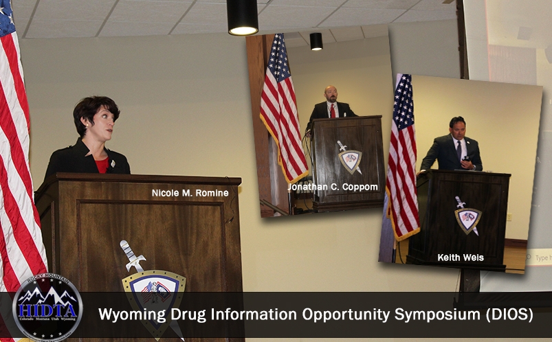 Three speakers featured, standing at a podium, with the American flag. Three speakers featured, standing at a podium, with the American flag.