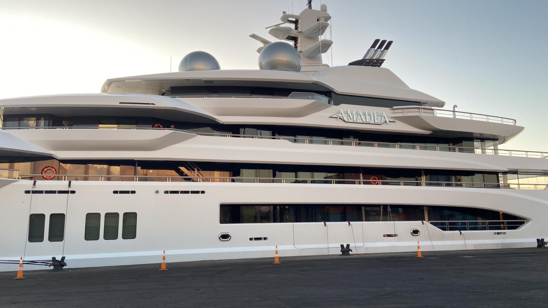 The Amadea Large yacht 300-foot yacht with name "the Amadea" displayed at the top
