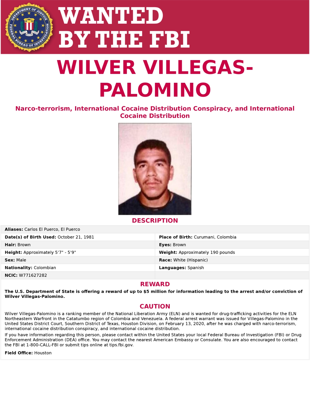 English wanted poster - Wilver Villegas-Palomino 