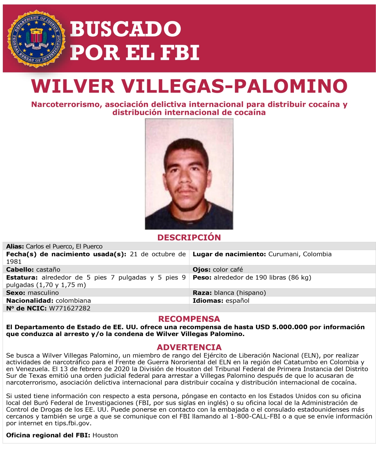 Wanted - Wilver Villegas-Palomino Spanish wanted poster - Wilver Villegas-Palomino