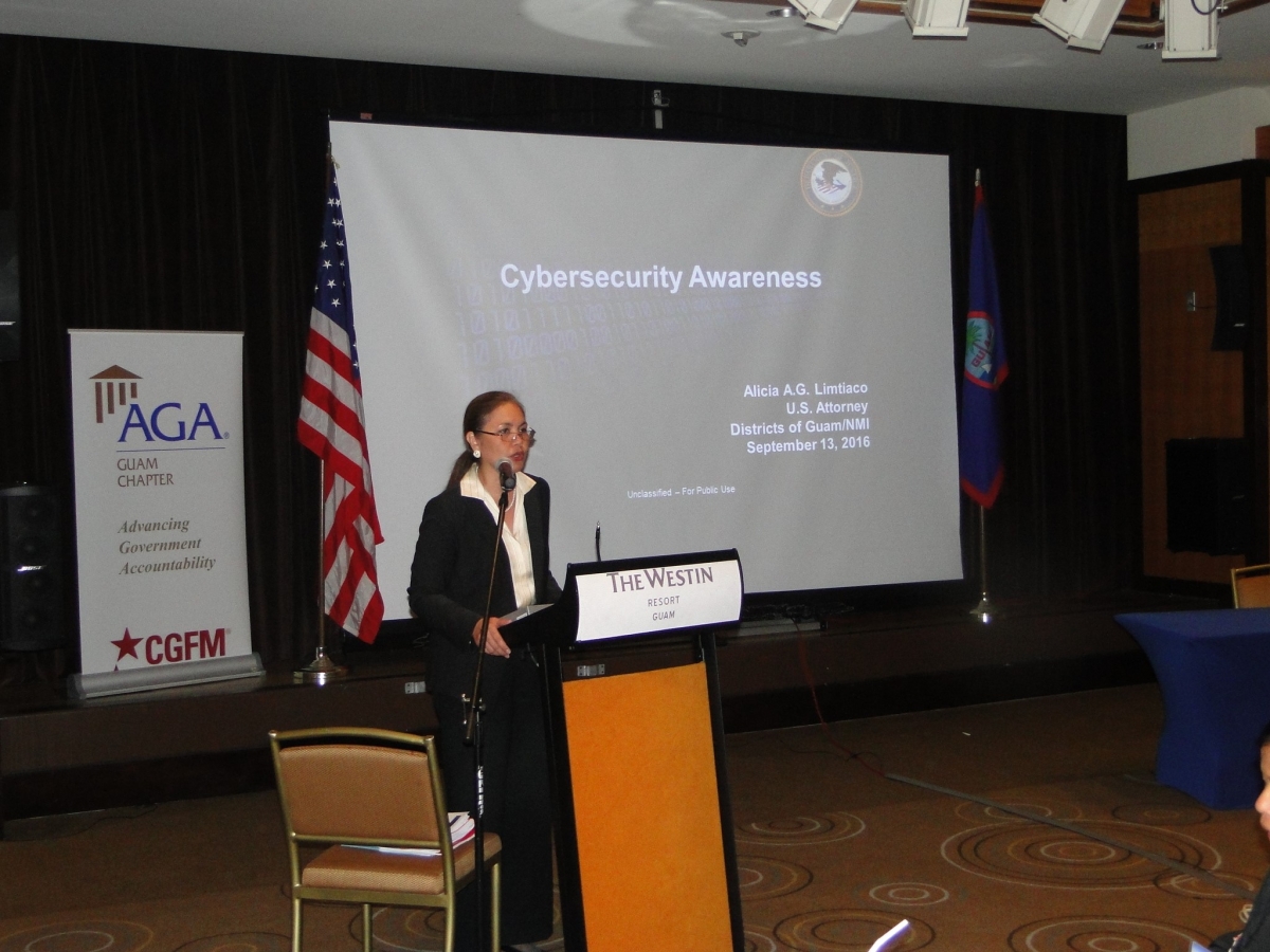 Picture of U.S. Attorney Alicia Limtiaco addressing participants at the AGA 	8th Bieenial Guam Professional Development Conference