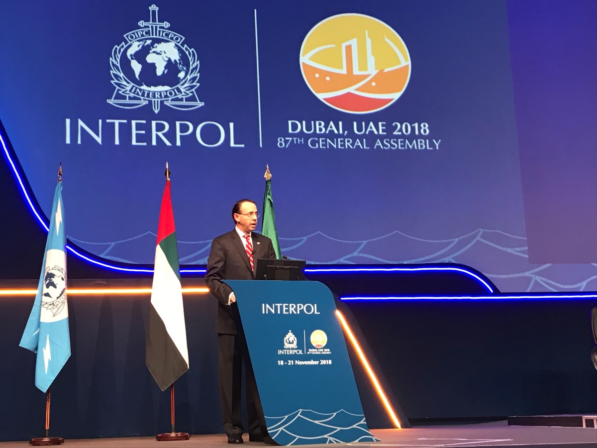 Deputy Attorney General Rod Rosenstein delivers the keynote remarks at the 87th INTERPOL General Assembly.