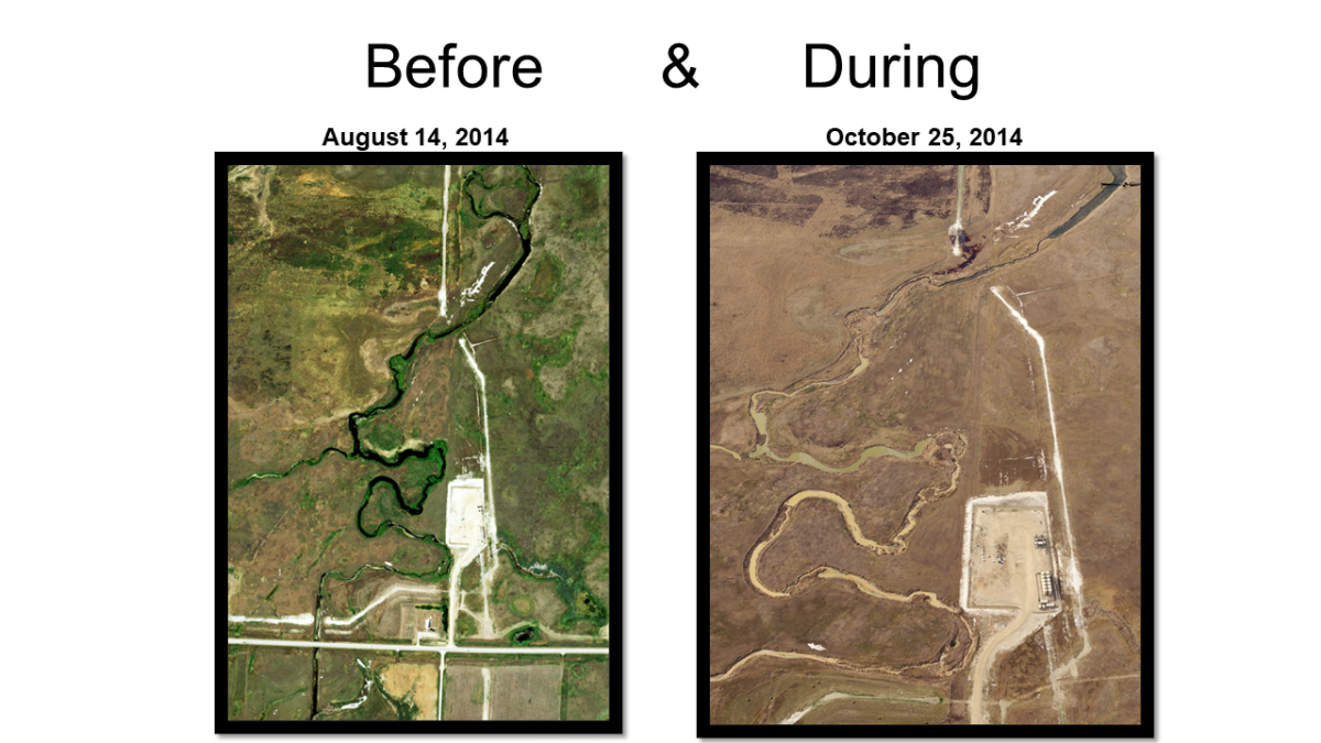 Satellite images of Missouri waterways taken before (August 14, 2014) and during (October 25, 2014) the 143 day Summit pipeline spill