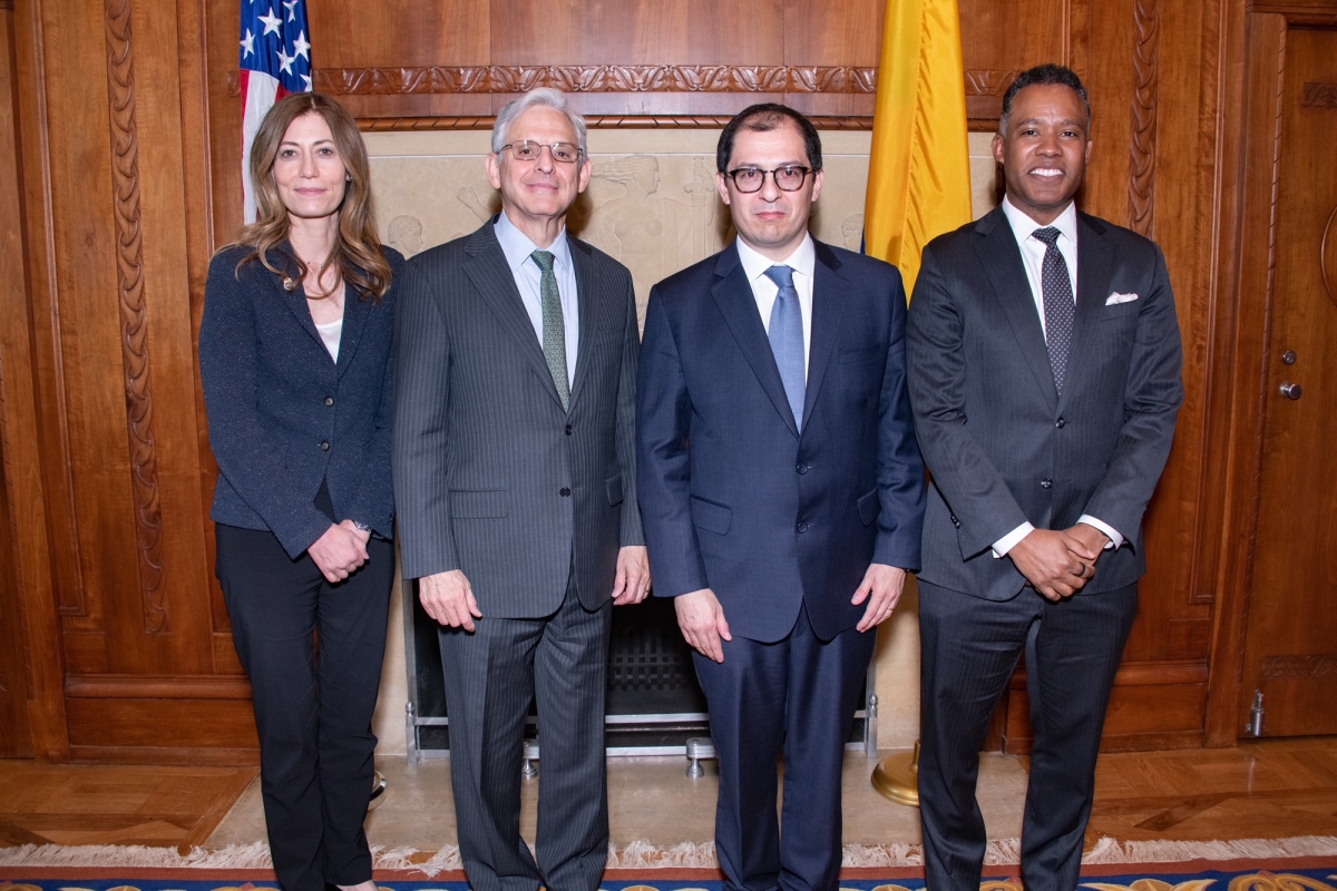 Standing from left to right: DEA Administrator Milgram, Attorney General Garland, Attorney General Barbosa Delgado, Assistant Attorney General for the Criminal Division Polite