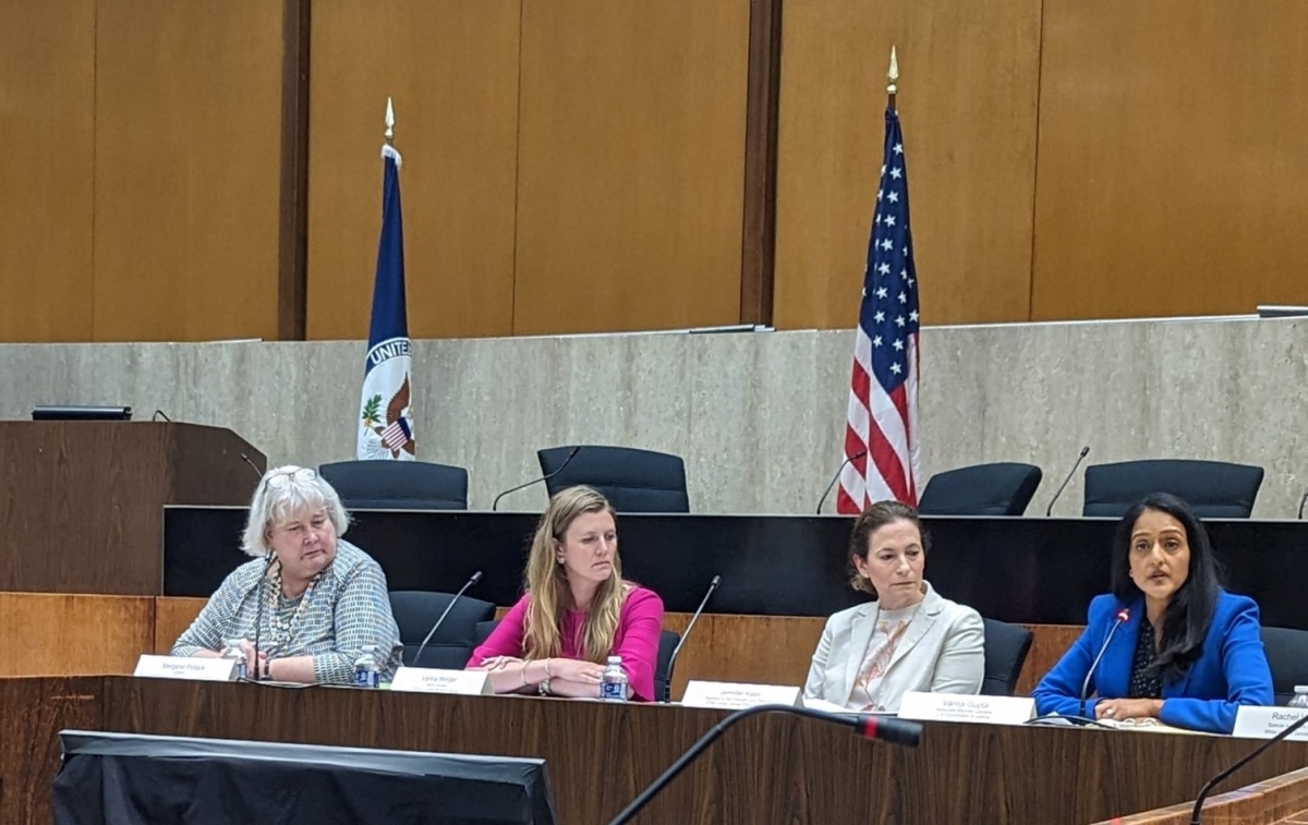 Associate Attorney General Vanita Gupta (right) with Director Margaret Pollack of the Office for the Bureau of Population, Refugees, and Migration’s Office of Multilateral and External Coordination at the U.S. State Department (far left); Senior Advisor Varina Winder for the U.S. State Department’s Office of Global Women’s Issues (left center); and Director Jennifer Klein of the White House Gender Policy Council (right center) as they discuss relevant issues with members of the European…