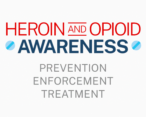 Heroin and Opioid Awareness: Prevention, Enforcement, Treatment text and logo
