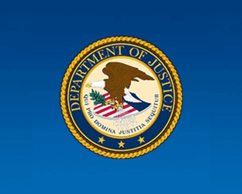 DOJ seal image on a blue background.