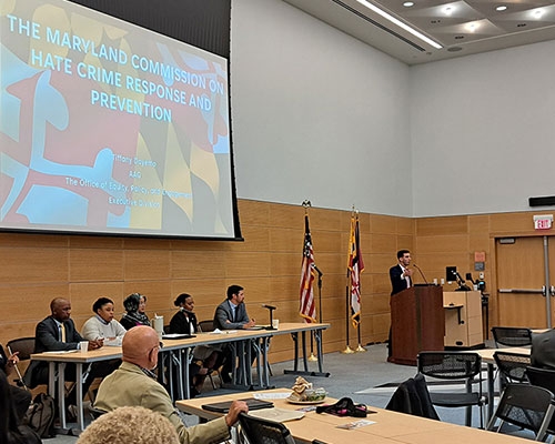 The Maryland Commission on Hate Crime Response and Prevention holds a September 2023 forum at Montgomery College.
