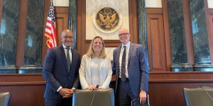 Photo of panelists U.S. Attorney Damian Williams, Executive Director and Attorney-in-Chief of Federal Defenders of New York David Patton, and Judge Jennifer Rochon