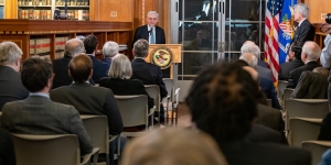 Attorney General Garland delivers remarks at formal investiture ceremony for the Data Protection Review Court at the Justice Department in Washington, D.C.