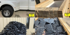 Photo collage of hidden compartment in a pickup truck and seized drugs