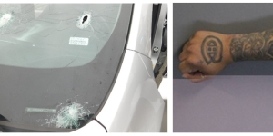 Image of car windshield with bullet hole. Image of arm tattoo of the letter "C". 