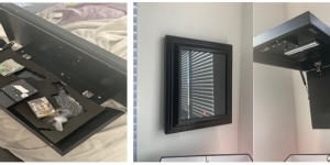 Images showing hidden compartments in defendant's residence