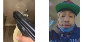 Photo 1: gun pointed at wall; Photo 2: Man wearing a hat with green visor
