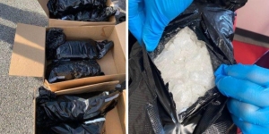Four packages containing approximately 100 pounds of 100% pure methamphetamine seized on June 1, 2021. 