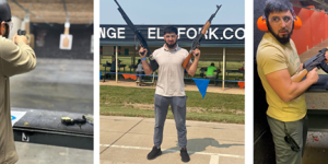 Three photographs depicting the defendant shooting a pistol; posing with two rifles; shooting a rifle at an indoor gun range.