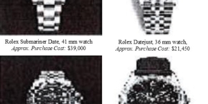 Four catalogue images of watches. Respective captions under each image read: Rolex Submariner Date, 41 mm watch, Approx. Purchase Cost: $39,000; Rolex Datejust, 36 mm watch, Approx. Purchase Cost: $21,450; Rolex GMT-Master II, 40 mm watch, Approx. Purchase Cost: $16,450; and Patek Philippe 5147G-001 watch, Approx. Purchase Cost: $61,870.