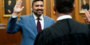 US Attorney takes oath of office in courtroom before a judge 